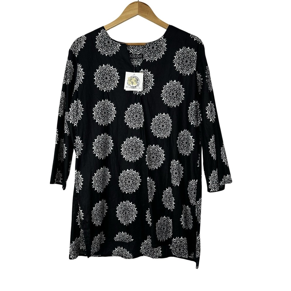 KikiSol Resort Tunic Top Women's‎ XXL Black White Medallion Print Cruise Cotton